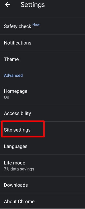 select site settings from settings option