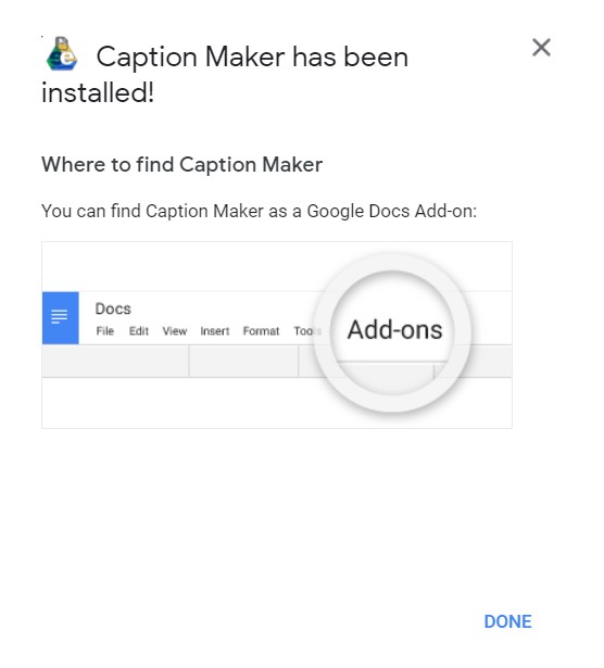 install the caption maker in google doc