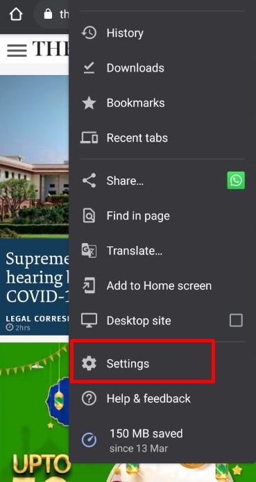 select settings from chrome app menu