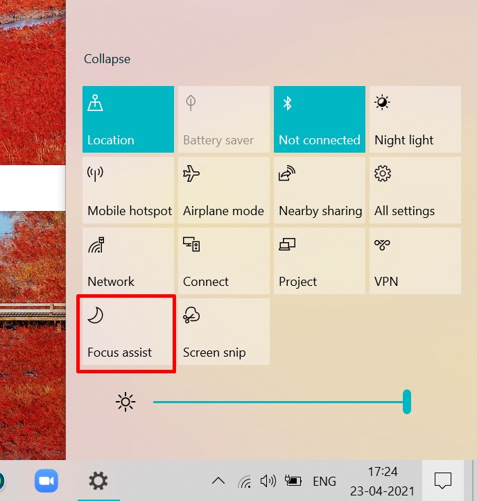 right bottom edge of the taskbar: Click the Action Center  and select Focus assist