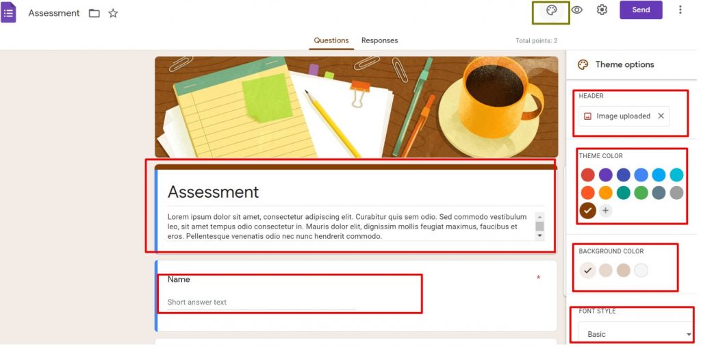 select the assessment template and click header