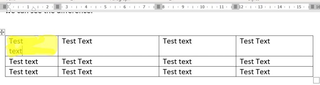 adjusting space in table cells for text using ruler