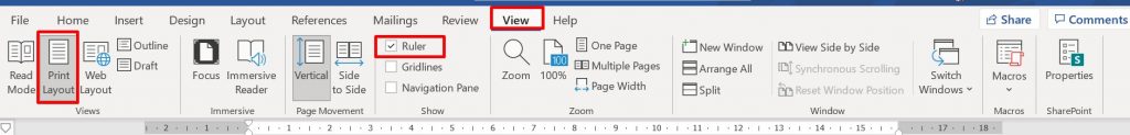 Select print layout check ruler, select view from menu