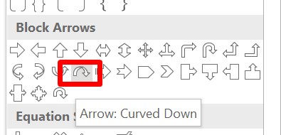 change curved down arrow from block arrow option