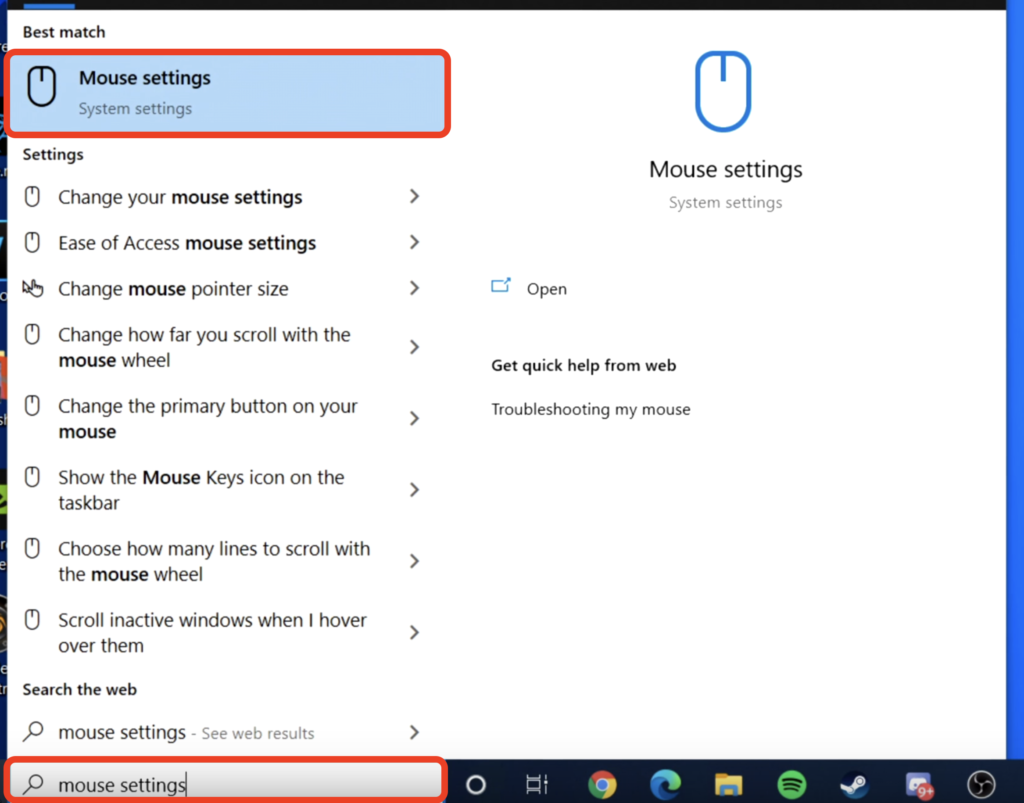 click windows and type mouse settings in search
