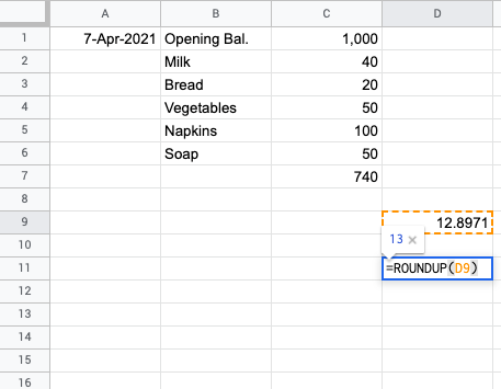 Use =Roundup() function in Google Sheets