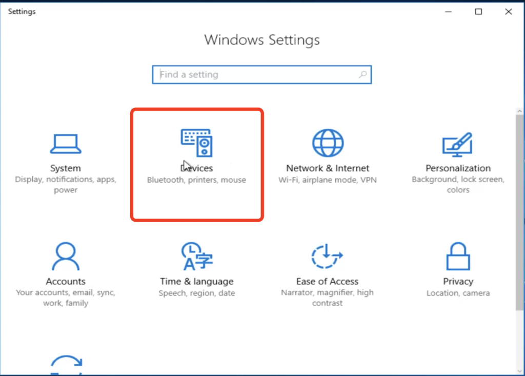 select devices from windows settings