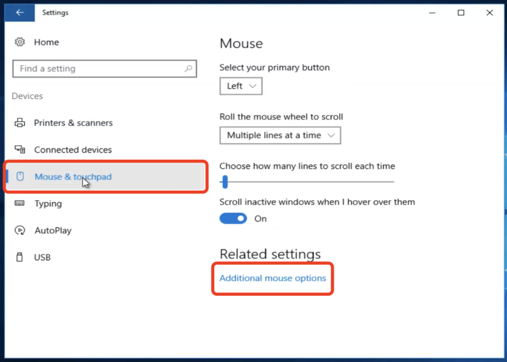 select mouse and touch page and click additional mouse options