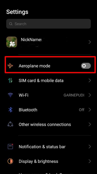 switch to Aeroplane mode from settings