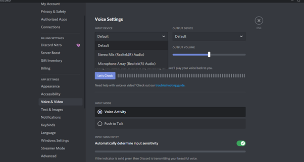 select input and output device under voice settings