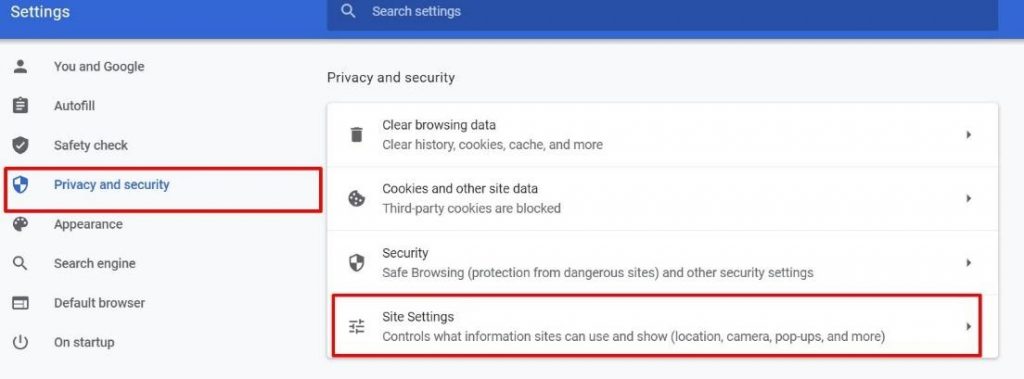 privacy and security >> site settings