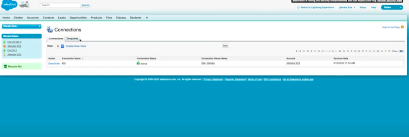 salesforce Connection and Templates page