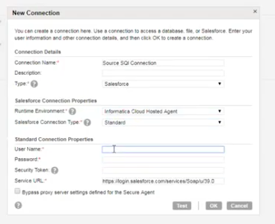 informatica new connection source and destination configuration 