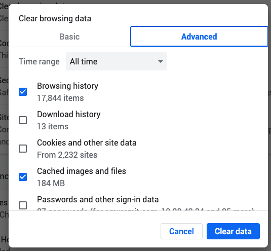 clear browser data from advanced