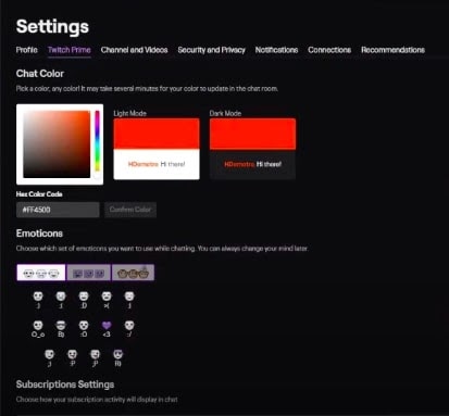 Twitch color settings